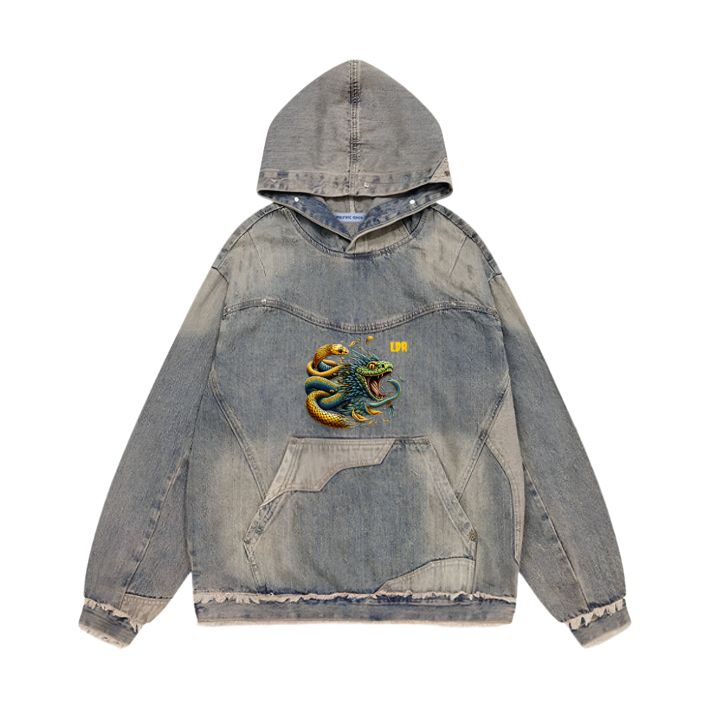 Unisex Washed Distressed Fuzzy Denim Hoodie