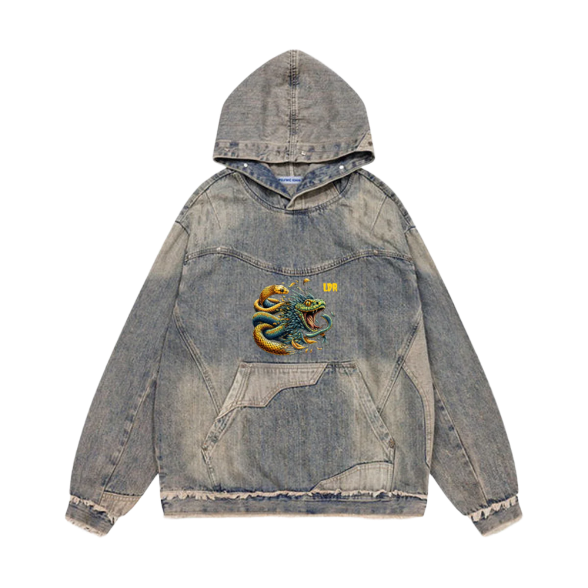 Unisex Washed Distressed Fuzzy Denim Hoodie