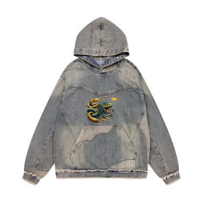 Unisex Washed Distressed Fuzzy Denim Hoodie
