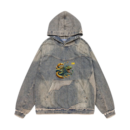Unisex Washed Distressed Fuzzy Denim Hoodie