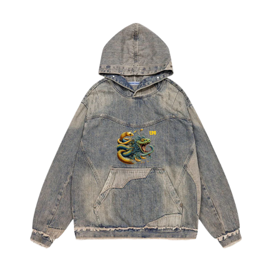 Unisex Washed Distressed Fuzzy Denim Hoodie