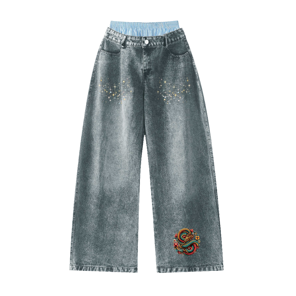 Unisex Double Waist Wide Leg Jeans